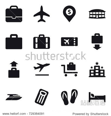 16 vector icon set : portfolio plane dollar pin airport building suitcase iocn suitcase ticket baggage get baggage departure baggage trolley hotel yacht inflatable mattress flip-flops