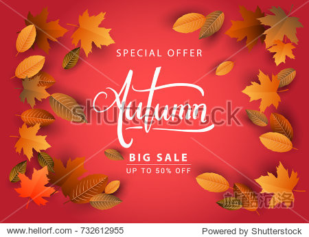 Autumn Sale Background Hand Drawn Autumn calligraphy with falling leaves Web Banner shopping sale or seasonal poster Postcard and Invitation card. Vector illustration