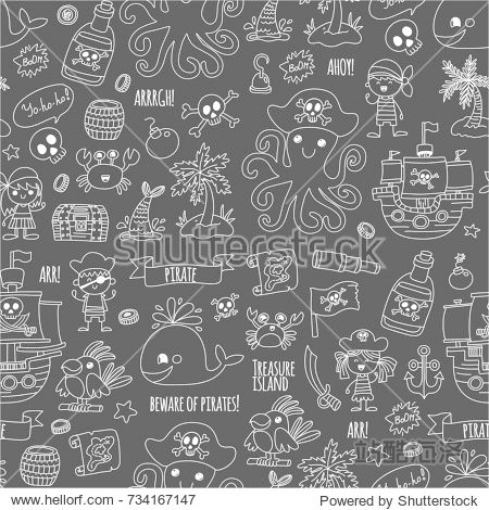seamless pattern Pirate party for children Kindergarten Kids children drawing style illustration Picutre with pirate whale treasure island treasure map skulls flag ship Birthday party