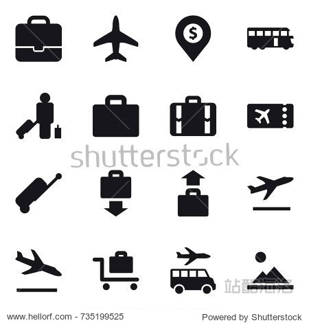 16 vector icon set : portfolio plane dollar pin bus passenger suitcase iocn suitcase ticket baggage get baggage departure arrival baggage trolley transfer landscape