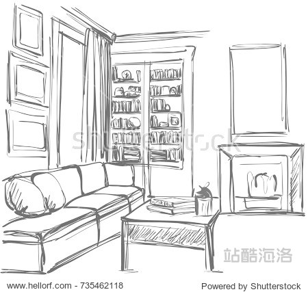 hand drawn sketch of modern living room interior with a sofa
