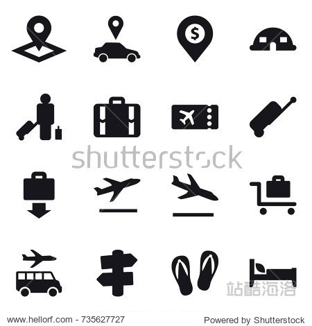 16 vector icon set : pointer car pointer dollar pin dome house passenger suitcase ticket baggage get departure arrival baggage trolley transfer signpost flip-flops bed