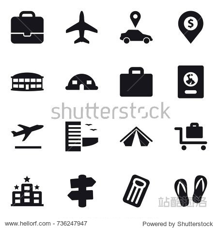 16 vector icon set : portfolio plane car pointer dollar pin airport building dome house suitcase iocn passport departure hotel tent baggage trolley signpost inflatable mattress