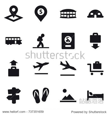 16 vector icon set : pointer dollar pin airport building dome house bus tourist passport baggage get baggage departure arrival baggage trolley signpost flip-flops landscape bed