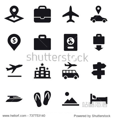 16 vector icon set : pointer portfolio plane car pointer dollar pin suitcase iocn passport baggage get departure hotel transfer signpost yacht flip-flops landscape bed