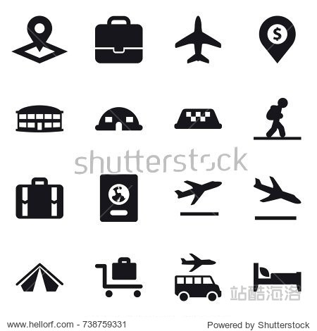 16 vector icon set : pointer portfolio plane dollar pin airport building dome house taxi tourist suitcase passport departure arrival tent baggage trolley transfer bed