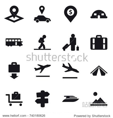 16 vector icon set : pointer car pointer dollar pin dome house bus tourist passenger suitcase baggage get departure arrival tent baggage trolley signpost yacht landscape