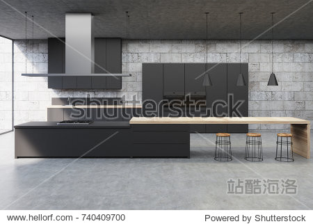 Concrete kitchen interior with a concrete floor black cabinets and consoles with built in cookers and a balcony. 3d rendering mock up