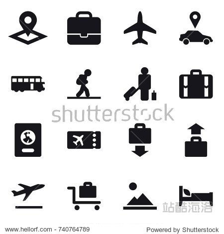 16 vector icon set : pointer portfolio plane car pointer bus tourist passenger suitcase passport ticket baggage get baggage departure baggage trolley landscape bed