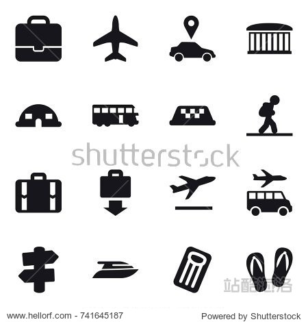 16 vector icon set : portfolio plane car pointer airport building dome house bus taxi tourist suitcase baggage get departure transfer signpost yacht inflatable mattress flip-flops