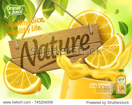 Orange juice ads  glass of juice with nature wood sign isolated on bokeh green background  3d illustration bottle with label