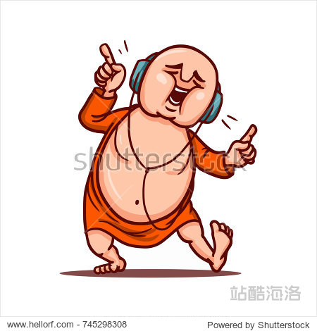 funny buddha listens loud music in headphones and