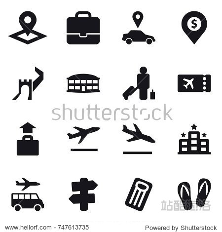 16 vector icon set : pointer portfolio car pointer dollar pin greate wall airport building passenger ticket baggage departure arrival hotel transfer signpost inflatable mattress