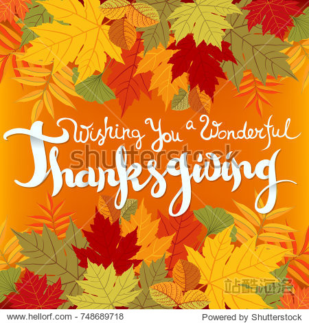 Wishing you a wonderful Thanksgiving card. Hand drawn celebration quote and colorful autumn leaves. Freehand lettering typographic element. Shadow effects. Vector illustration.