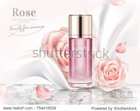 Rose toner ads  elegant cosmetic advertising with roses petals and pearl white chiffon in 3d illustration