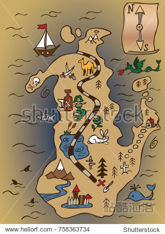 pirate map of treasure island illustration color with scheme of