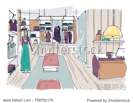 Rough sketch of clothing showroom interior with hangers  shelving  furnishings  mannequin dressed in trendy clothes. Hand drawn fashion boutique or apparel shop. Colored vector illustration.