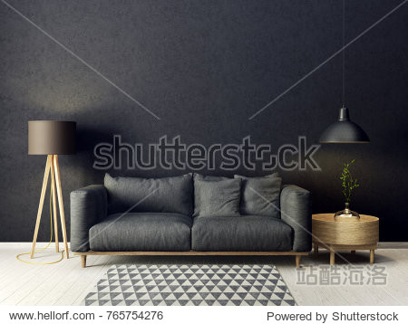 modern living room with sofa and lamp. scandinavian interior design furniture. 3d render illustration
