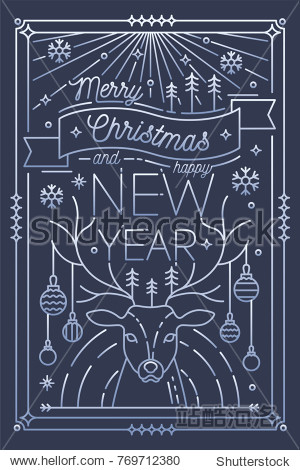 Merry Christmas and Happy New Year greeting card template with holiday decorations - deer with antlers decorated with baubles snowflakes spruces. Festive vector illustration in line art style. Merry Christmas and Happy New Year greeting card template with holiday decorations - deer with antlers decorated with baubles snowflakes spruces. Festive vector illustration in line art style.