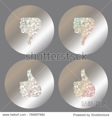 Set labels with iridescent and diamond holograms on metallic foil. Like and dislike icon with holographic effect. Vector illustration.
