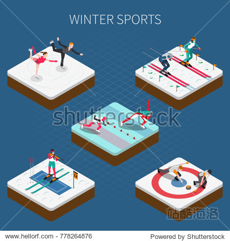 Winter sport isometric people composition with olympic athletes in sportswear doing different kinds of sport vector illustration