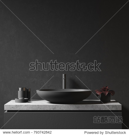 Black bathroom sink of an original shape standing near a black wall. Front view. 3d rendering mock up