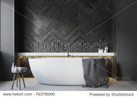 Bathroom interior with black wooden walls a large round tub and a wooden chiar. 3d rendering mock up