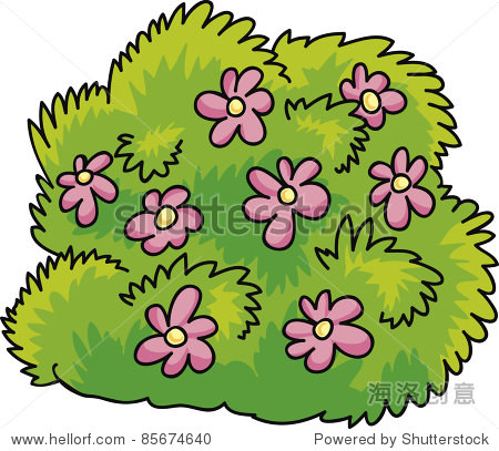 cartoon illustration of green bush with pink flowers