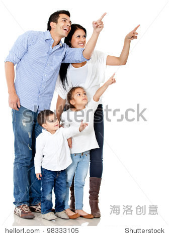 family pointing with finger - isolated over a white background