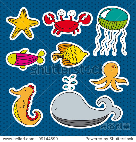 marine animals stickers over blue background. vector