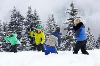 group of young friends having snowball fight on ski holiday in mountains