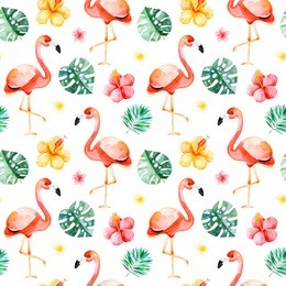 handpainted watercolor seamless pattern with multicolored flower,tropical leaves,flamingo bird on white background.tropical background.perfect for your project,wedding,packaging,wallpaper,cover design