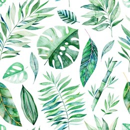 watercolor leaves branch seamless pattern on white background. texture with greens,branch,leaves,tropical leaves,foliage,bamboo.perfect for wedding,cover design,wallpapers,patterns,packaging etc