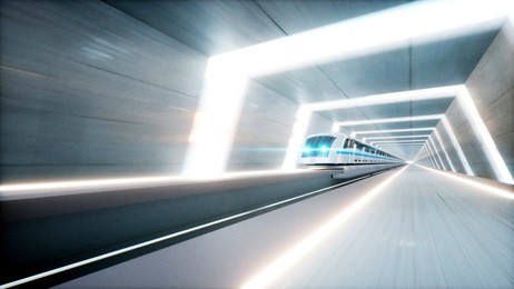 futuristic modern train, monorail fast driving in sci fi tunnel, coridor. concept of future. 3d rendering.