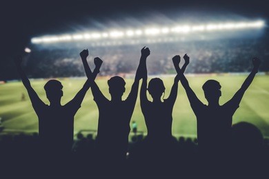 silhouettes of soccer fans in a match and spectators at football stadium