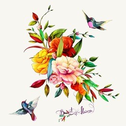 bouquet of flowers with gladiolus, peony flowers, leaves and two petroika birds around. this template can be used as other type of invitations and holidays. vector - stock.