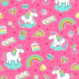 cute unicorn ,dessert and fruit seamless pattern with pink background
