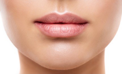 lips beauty closeup, woman natural face make up, beautiful full lip and pink lipstick