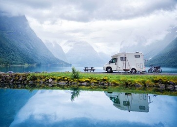 family vacation travel rv, holiday trip in motorhome, caravan car vacation. beautiful nature norway natural landscape.