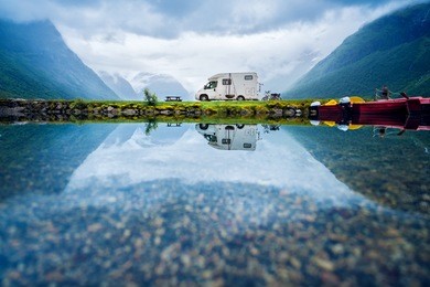 family vacation travel rv, holiday trip in motorhome, caravan car vacation. beautiful nature norway natural landscape.
