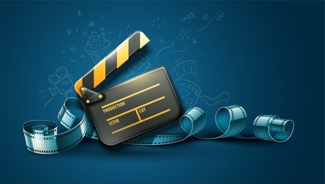 online cinema art movie poster design with clapper and film-strip reel tape. cinematography concept vector illustration.