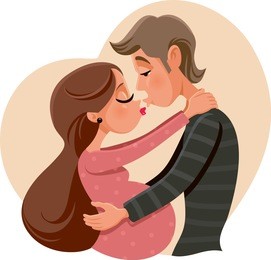 couple kissing celebrating pregnancy vector illustration. perfect loving family cartoon drawing in romantic embrace 
