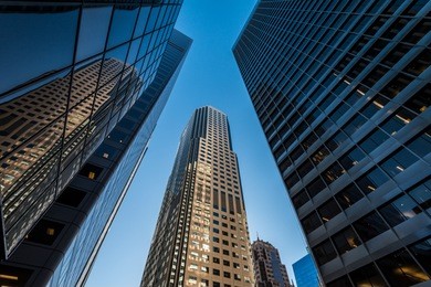 skyrises and high buildings in san francisco shot from a low angle for interesting perspective