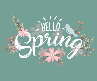 hello spring hand sketched logotype, badge typography icon. lettering spring season with leaf for greeting card, invitation template. retro, vintage lettering banner poster template background