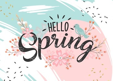 hello spring hand sketched logotype, badge typography icon. lettering spring season with leaf for greeting card, invitation template. retro, vintage lettering banner poster template background