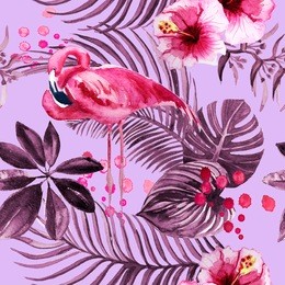 seamless pattern with pink flamingo and tropical watercolor leaves