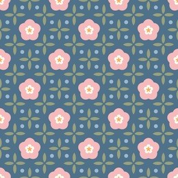 simple floral pattern. printing block of pink flowers and mini leaves. oriental seamless background. geometric all over print for fabric, paper, home textile. light pale colors vector illustration.