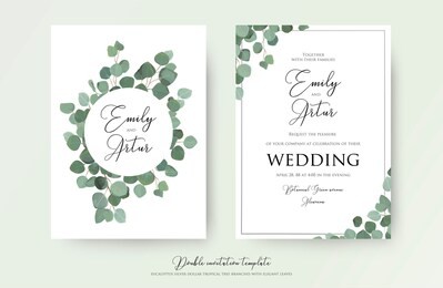"wedding floral watercolor style double invite, invitation, save the date card design with cute eucalyptus tree branches with greenery leaves decoration. vector natural elegant, rustic luxury template