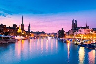 zurich skyline and the river limmat in the evening (switzerland)