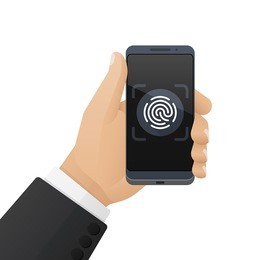 smartphone with a fingerprint scanner application is in the businessman's hand. vector illustration isolated on a white background